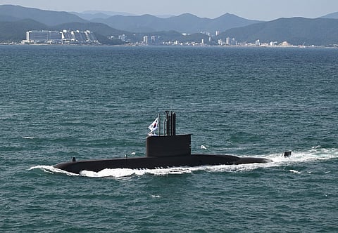 The South Korean Navy submarine Park Wi participates in the South Korean Navy Fleet Review off the southern port city of Busan on September 26 2025.