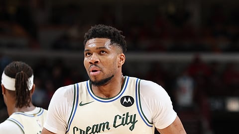 Giannis Antetokounmpo #34 of the Milwaukee Bucks looks on during the game against the Chicago Bulls on December 27, 2025 at United Center in Chicago, Illinois. 