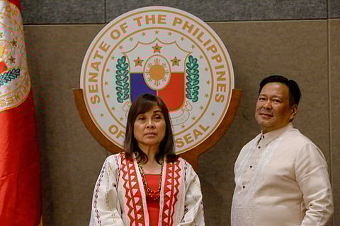 Lawmakers from the House of Representatives and the Senate of the Philippines—namely (L–R) Representatives Allan Ty, Marcelino Libanan, Jesus Romualdo, Javier Lopez Benitez, Jose Alvarez, Albert Garcia; House Committee on Appropriations Chairperson Mikaela Suansing; Senate Committee on Finance Chairperson Sherwin Gatchalian; and Senators Loren Legarda, Francis “Kiko” Pangilinan, and JV Ejercito—sign the bicameral committee report on the General Appropriations Bill for fiscal year 2026 at the Philippine International Convention Center in Pasay City on Sunday, Dec. 28, 2025. The bill is set for ratification. | Aram Lascano, SPPA Pool