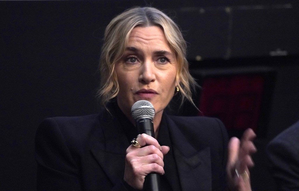 Kate Winslet speaks during the "Goodbye June" BAFTA screening at Park Avenue screening room on December 10, 2025 in New York City. 