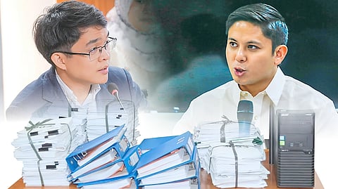 GROWLING contest Doubts and questions arise from a virtual argument between Batangas 1st District Rep. Leandro Leviste (left) and Assistant Ombudsman Mico Clavano on what files are relevant or credible to the case of budget insertions that fell under the jurisdiction of the late Department of Public Works and Highways Undersecretary Catalina Cabral.