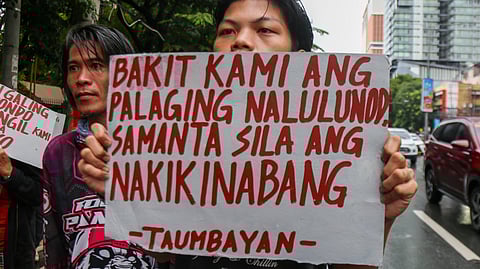 Activists stage a protest rally at Mendiola in Manila to denounce the corruption scandal surrounding the DPWH flood control projects.