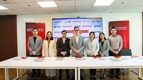 PNB and Discovery Capital Finance Corporation formalize a partnership to scale up SME financing across the country. From left: Engr. Allan Yumul, Discovery chief technology officer; Trizza Anne Marie Martino, Discovery chief financial officer; Luigi Martino, Discovery chief operating officer; Diosdado Salang Jr., Discovery president and CEO; Sherlyn Nicolas, PNB head, South Luzon Commercial Banking Division; Mildred Alcantara, PNB head, Calabarzon Business Center; and Keith Joshua Dumpit, PNB relationship manager.
