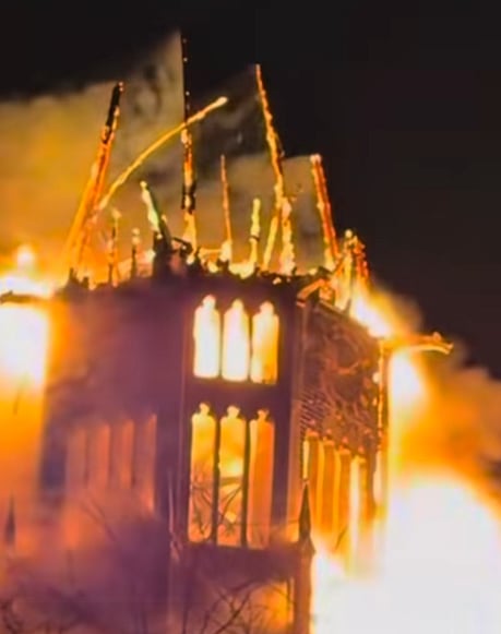 FLAMES engulf the spire of a church in Vondelkerk, Netherlands on New Year’s Eve.