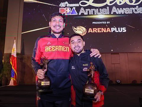 (FILE) JUNE Mar Fajardo poses RJ Abarrientos after cementing his status as the best player of this generation with a record-extending ninth PBA Most Valuable Player trophy. 