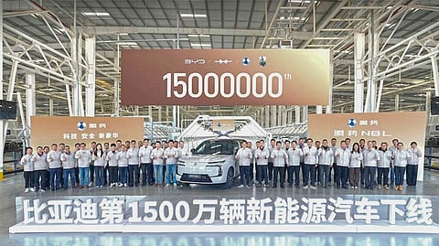 MARKING a major production milestone, BYD employees gather at the Jinan factory as the company completes its 15 millionth new energy vehicle.