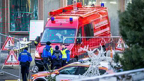 Emergency responders attend to the scene of a fire and explosion at Le Constellation bar in the upscale ski resort town of Crans-Montana, southwestern Switzerland, on January 1, 2026.
