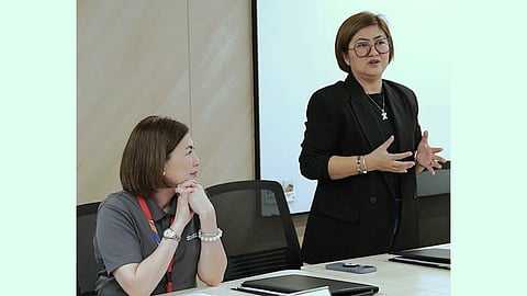 HAZEL Zaide delos Santos (right), country head at ING Hubs Philippines, announces the company’s partnership with Aboitiz Foundation as the latter’s president, Ginggay Hontiveros-Malvar, listens, during the signing of the memorandum of understanding for the AuroraPH project in Makati City in November. 