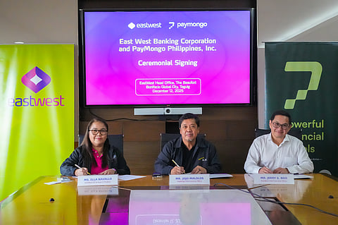 FROM L-R: Ms. Ella Navallo, EastWest VP and Head of Products; Mr. Jojo Malolos, PayMongo CEO; and Mr. Jerry Ngo, EastWest CEO, formalize the partnership with a ceremonial signing in Taguig.