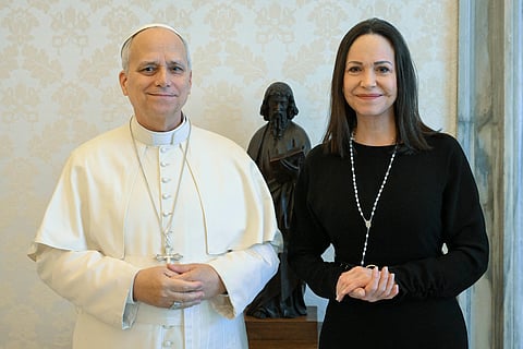 VATICAN-VENEZUELA-RELIGION-POPE-DIPLOMACY
This handout photo taken and released by Vatican Media, the Vatican press office, on January 12, 2026 shows Pope Leo XIV during a private audience with Venezuela's Nobel peace prize María Corina Machado in the Vatican.

