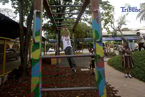 (January 13 2026) Students at Diosdado Macapagal Elementary School in Quezon City, enjoy playing at the newly opened OASIS Schoolyard, During the launching of OASIS Schoolyard on Tuesday, January 13, 2026, the Quezon City Government project in partnership with the Resilient Cities Network (R-Cities) and the Temasek Foundation, is aims to transform public school grounds into cooler, greener, and more climate-resilient spaces to protect students from extreme heat, flooding, and other climate risks. Photo/Analy Labor