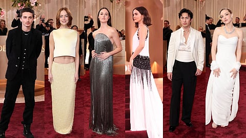 (Left to right) Timothée Chalamet in Chrome Hearts and Cartier, Emma Stone in Louis Vuitton, Renate Reinsve in Louis Vuitton, Zoey Deutch in Prada, Hudson Williams in Giorgio Armani, Amanda Seyfried in Versace.| 