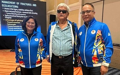(FILE) MILETTE Bonoan (left), head of the Philippine delegation for this year's Asian Youth Para Games, poses with Philippine Paralympic Committee president Michael Barredo and secretary general Goody Custodio in this undated photo.