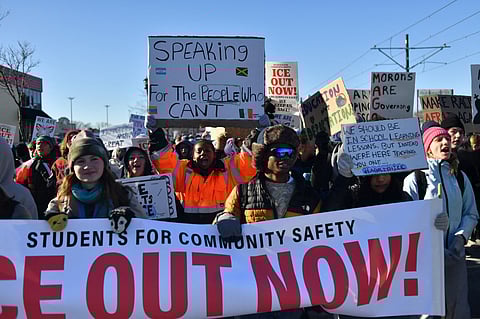 High school students gather for an anti-ICE protest outside the State Capitol in St. Paul, Minnesota, to call for an end to federal immigration detentions and enforcement actions, days after 37-year-old Renee Nicole Good was shot and killed by a US Immigration and Customs Enforcement (ICE) agent, on January 14, 2026. Hundreds more federal agents were heading to Minneapolis, the US homeland security chief said on January 11, brushing aside demands by the Midwestern city's Democratic leaders to leave after an immigration officer fatally shot a woman protester. In multiple TV interviews, US Homeland Secretary Kristi Noem defended the actions of the officer who shot and killed 37-year-old Renee Nicole Good, whose death has sparked renewed protests nationwide against President Donald Trump's immigration crackdown.

