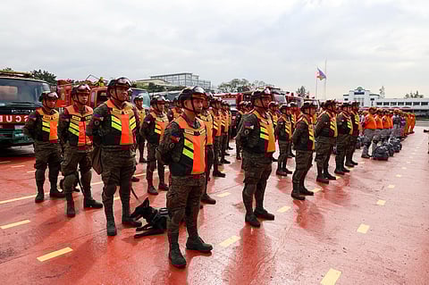 Members of the 525th Combat Engineer Battalion, Philippine Army stand in formation during the mustering of emergency forces in preparation for ASEAN 2026 at Camp Aguinaldo, Quezon City on January 16. (Photo by PFC Carmelotes PN(M)/PAOAFP)