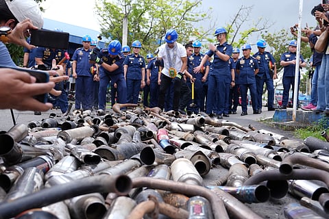 Bulacan Governor Daniel R. Fernando and BPPO Provincial Director PCOL Angel L. Garcillano oversee the destruction of 1,654 confiscated open pipes and modified mufflers by a road roller at Camp General Alejo S. Santos, City of Malolos, Bulacan on Thursday, January 15, 2026.