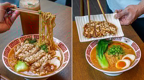 PAIKO Tantanmen is distinguished by a generous slab of crispy fried pork cutlet atop a bowl of ramen.