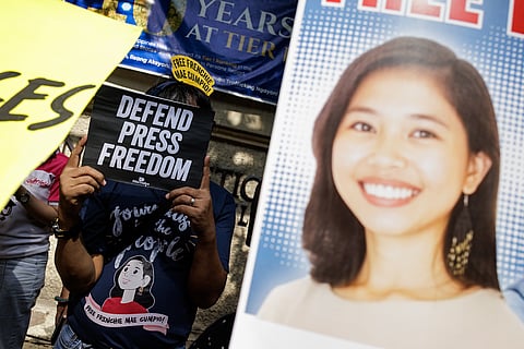 Press freedom advocates hold a protest outside the Department of Justice building in Manila on Wednesday, 21 January 2026, calling anew for the release of detained journalist Frenchie Mae Cumpio as Tacloban City regional trial court branch 45 is set to issue a verdict on her trial on Thursday, 22 January.

Cumpio, a community investigate journalist for news site Eastern Vista, was arrested in 2020 along with four others during a raid by the authorities in their office in Tacloban City. They are facing charges of illegal possession of firearms and explosives and financing terrorism.