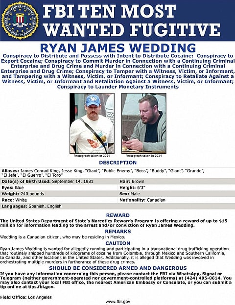 This image released by the Federal Bureau of Investigation (FBI) on November 19, 2025 shows the upgraded Wanted Poster for former Olympian Ryan James Wedding, wanted for allegedly running a transnational drug trafficking network. The Justice Department announced during a press conference in Washington, DC on November 19, 2025 a fifteen-million-dollar reward, up from ten million dollars, for information leading to the arrest of Wedding, the leader of a criminal drug organization who smuggled large quantities of cocaine through Colombia and Mexico for distribution in the United States and Canada.

