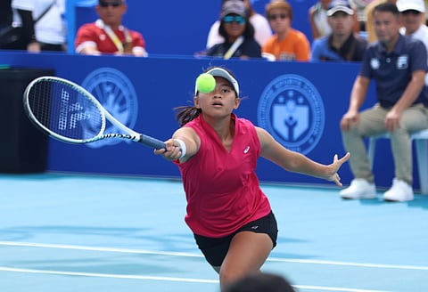 STEFI Aludo smashes way past Angeline Alcala, 6-1, 6-0, in their qualifying round match Saturday in the PWO at the Rizal Memorial Tennis Center.