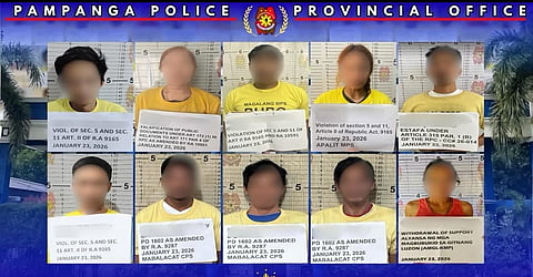Ten individuals were arrested in Pampanga police operations on January 23, and are facing various charges including drug offenses, falsification, estafa, and anti-fencing violations.