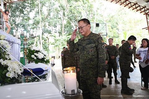 ARMY chief Lt. Gen. Antonio G. Nafarrete pays tribute to the four soldiers who bravely gave their lives in an attack by Dawlah Islamiyah-Maute Group remnants in Lanao del Norte.