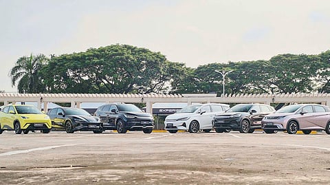 BYD’s electric and hybrid lineup shown at a local event as the brand caps 2025 with record sales in the Philippines.