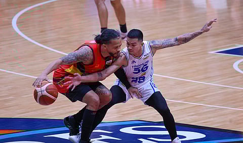 SAN Miguel Beer playing assistant coach Chris Ross clears the air on the spat between him and TNT team manager Jojo Lastimosa during the third quarter of the PBA Season 50 Philippine Cup finals Game 3. 