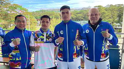 FAST-RISING young punchers Mark Ashley Fajardo (second from right) and Jay Bryan Baricuatro (second from left) are in goods hands with Roel Velasco (left), Ronald Chavez (right), Pat Gaspi and Don Abnett supervising their progress in Baguio City.