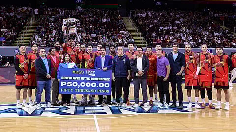 JUNE Mar Fajardo lifts his 13th Best Player of the Conference award after leading San Miguel Beer to the finals of the PBA Philippine Cup.