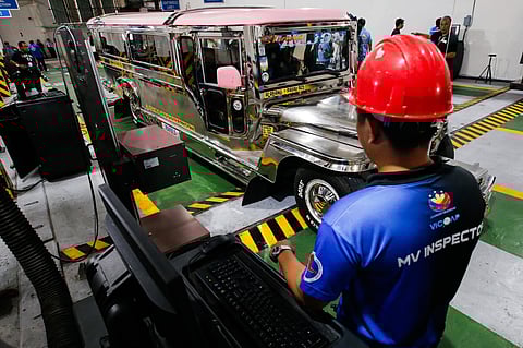 Public utility jeepneys undergo roadworthiness inspection at a private testing center in Santa Cruz, Manila on 29 January 2026 as LTFRB enforces safety checks tied to franchise renewal and confirmation.