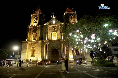 (January 31 2026)  The lights glow at Santa Ana parish Church, commonly known as Molo Church in Iloilo City, a Spanish Neo-gothic Roman Catholic Church, the church is recognized as "the women's church" or "the feminist church" because it only features images of female saints inside, including Saint Anne, the patron saint of Molo, It served as an evacuation center for civilians during World War II. The national historical institute declared it a national landmark in 1992. Photo/Analy Labor