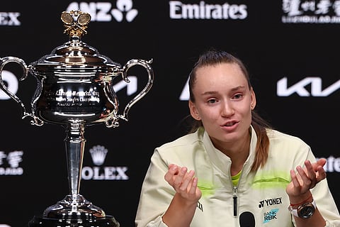KAZAKHSTAN'S Elena Rybakina speaks during the press conference after defeating Belarus’ Aryna Sabalenka in the women’s singles final on Day 14 of the Australian Open tennis tournament in Melbourne on February 1, 2026.
