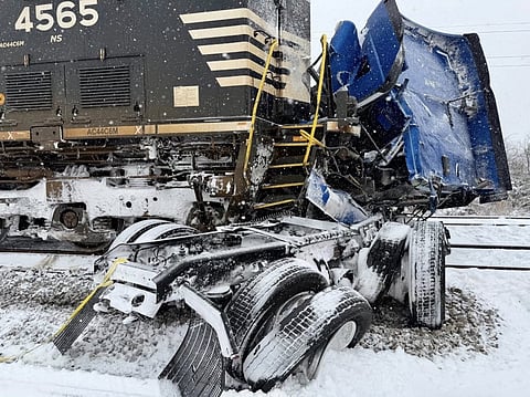 A SEMI-TRUCK struck by a freight train at the intersection of Poplar Street and Airline Avenue in Gastonia, north of downtown Charlotte, North Carolina on 31 January 2026 amid a winter snowstorm affecting the region.