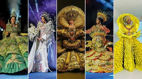 FROM left: Moises de la Cruz’s design for Queen San Pablo: ‘Towers That Touch the Heavens.’, Michael Barassi’s creation worn by Queen Alicia Christine Jane Alvarado., Queen Angadanan Adassah Shen Zuela wearing Axel Que’s creation., Queen Quirino Khate Gleiza Marie Alfonso in creation by Jeric Sayno and Mark Anthony S. Pimentel’s costume inspired by the endemic Isabela oriole.