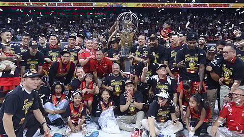 THE San Miguel Beermen celebrate after beating TNT Tropang 5G, 92-77, in Game 6 of their best-of-seven finals series to secure their 12th Philippine Cup title in the Philippine Basketball Association late Sunday at the Mall of Asia Arena.