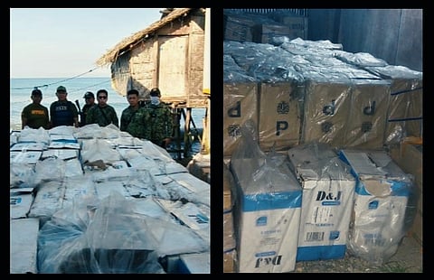Personnel from PRO12 stand beside stacks of smuggled cigarettes seized during operations in January (L). Packaged contraband tobacco worth an estimated P12.29 million, part of the 14,796 reams confiscated, as PRO12 targets illegal supply chains in SOCCSKSARGEN.