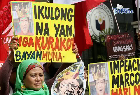 (February 04 2026)  Bagong Alyansang Makabayan stage a protest at House of Representative in Quezon City on Wednesday February 4, the same day the House Committee on Justice is set to hold its vote on whether the impeachment complaint against President Ferdinand Marcos Jr, Bayan reminded lawmakers about their duty to uphold truth and accountability and calls on the public to remain vigilant and to express outrage and hold indignation protests if the Committee will unjustly vote for the dismissal of the impeachment. Photo/Analy Labor