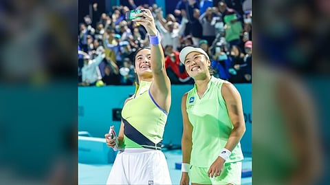ALEX Eala and Janice Tjen take a selfie after outlasting Leylah Fernandez and Kristina Mladenovic in the Round of 16 of the WTA 500 Abu Dhabi Open.