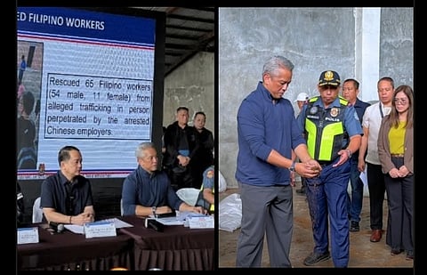 DILG Secretary Jonvic Remulla leads a press briefing in Mexico, Pampanga on Thursday after massive raid by joint PNP-BOC-BIR taskforce operation. 65 Filipino workers rescued from alleged trafficking, and six Chinese nationals arrested. 