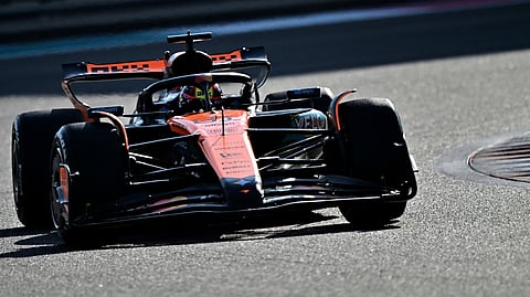 OSCAR Piastri completes the lap during the Pirelli test session at the Yas Marina Circuit.