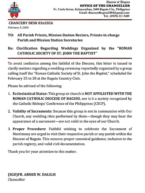 Baguio Diocese warns public vs group officiating weddings not tied to Church