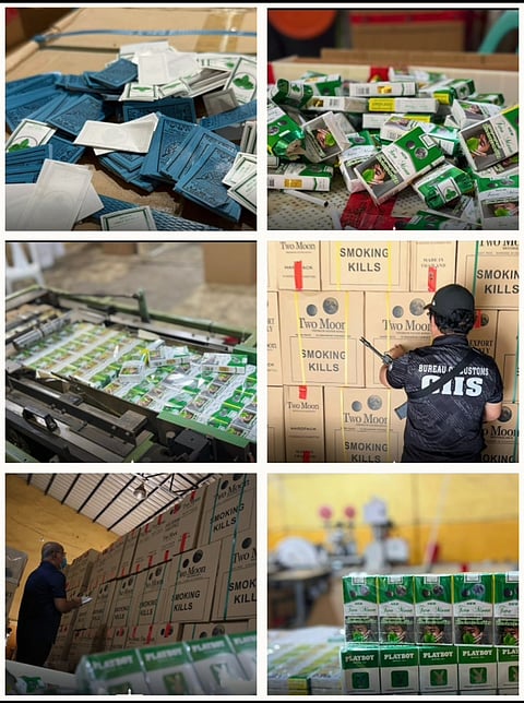 Confiscated illegal tobacco products, manufacturing equipment, and packed boxes are shown following a joint government operation in Brgy. Panipuan, Mexico, Pampanga, February 5, 2026.  