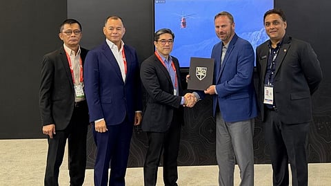INAEC Aviation and Bell Textron officials pose for a group photo in Singapore during AT INAEC Aviation’s formal appointment as approved maintenance center in the Philippines for the Bell 429 helicopter, INAEC and Bell Textron officials pose for a group photo in Singapore (from left): Capt. Clark Carreon, general manager, INAEC North; Dexter Ampong, INAEC general manager; Benjamin ‘Jay’ R. Lopez, INAEC president; Chris Schaefer, Bell vice president, global customer solutions; and Kirpal Singh, Bell manager, customer support and services.