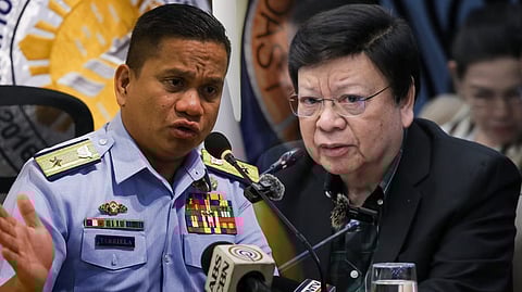 HIGH TENSION. Coast Guard (PCG) Spokesperson to the West Philippine Sea Commodore Jay Tarriela and Senator Rodante Marcoleta. 