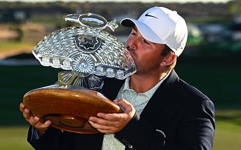 CHRIS Gotterup celebrates after edging Hideki Matsuyama to win the PGA Tour Phoenix Open title on Sunday.  