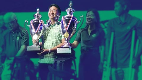 RONIN Leviste receives the trophy after he and his guest partner, Darren Flores, emerged as the lowest net champion in the 38th Mango Tee. The Alabang Country Club Inc. board of directors eventually withdrew his award due to their ‘highly unusual and statistically improbable’ scores.