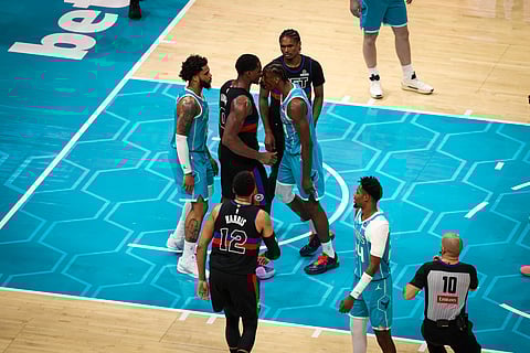 MOUSSA Diabate (right) and Miles Bridges (left) of the Charlotte Hornets confront Jalen Duren of the Detroit Pistons that sparked an ugly brawl during their NBA regular season game. 