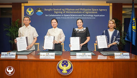 (FROM left) Philippine Space Agency (PhilSA) Deputy Director General Denis F. Villorente, PhilSA Director General Dr. Gay Jane P. Perez, Bangko Sentral ng Pilipinas (BSP) Assistant Governor Pia Bernadette R. Tayag, and BSP Sustainability Office Director Ellen Joyce L. Suficiencia during the BSP-PhilSA memorandum of agreement signing ceremony on 27 January 2026 at the BSP Head Office in Manila.