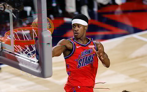 VJ Edgecombe puts on a show for Team Vince in its winning game against Team Melo in the NBA Rising Stars Challenge All-Star Weekend festivities in Los Angeles.